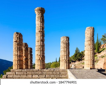 Ruined columns of the Temple of Apollo in Delphi. Delphi is ancient sanctuary that grew rich as seat of oracle that was consulted on important decisions throughout the ancient classical world. 