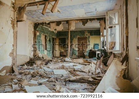 Ruined house building inside after disaster, war, earthquake, Hurricane or other natural cataclysm, toned