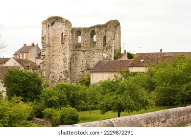 Ruined keep of a 12th century medieval stone castle in France. Tall trees with green leaves in early summer. Sky white with clouds and July light. Family holidays in Europe