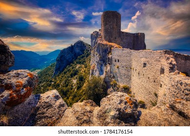 A ruined medieval castle in Languedoc Roussillon, France, one of the famous Cathar Castles close to the Spanish border