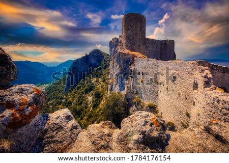A ruined medieval castle in Languedoc Roussillon, France, one of the famous Cathar Castles close to the Spanish border