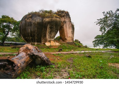 The Ruined Stone Lions On The Riverbank Of Irrawaddy River Damaged By 1838 Earthquake, Mingun, Sagaing Region, Myanmar