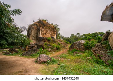 The Ruined Stone Lions On The Riverbank Of Irrawaddy River Damaged By 1838 Earthquake, Mingun, Sagaing Region, Myanmar