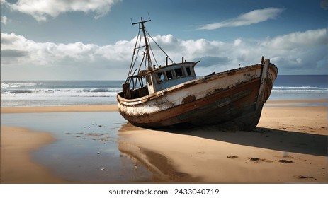 Ruined wreck of a fishing boat stranded on a sandy beach. - Powered by Shutterstock