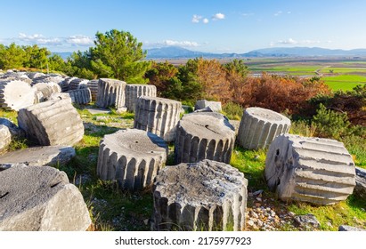 The Ruins Of The Ancient Athena Temple In Priene, Turkey...