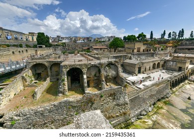 Ruins of an ancient city destroyed by the eruption of the volcano Vesuvius in 79 AD near Naples, Archaeological Park of Ercolano. - Shutterstock ID 2159435361