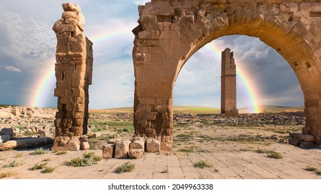 Ruins of the ancient city of Harran with amazing rainbow - Urfa , Turkey (Mesopotamia) - Old astronomy tower