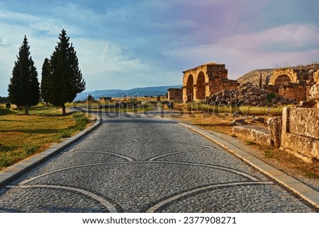 the ruins of the ancient city of Hierapolis on the hill Pamukkale, Turkey. Artistic colors added.