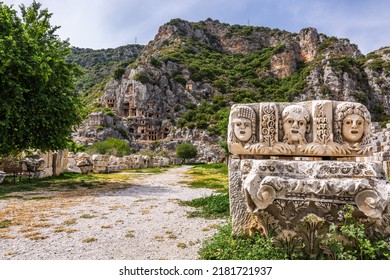 Ruins of the ancient city of Myra in Demre, Turkey. Ancient tombs and amphitheater. - Shutterstock ID 2181721937