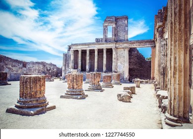 Ruins Of Ancient City Of Pompeii Near Volcano Vizuvius, Pompei, Naples, Italy.