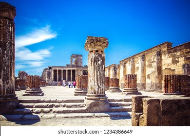 Ruins Of Ancient City Of Pompeii Near Volcano Vizuvius, Pompei, Naples, Italy.