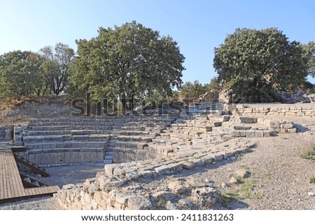 Ruins of the Ancient City of Troy. Archeological site. The Odeon of Troy IX. Roman Odeon. Canakkale Province, Turkey.