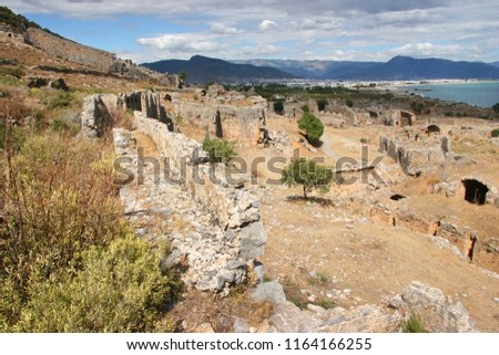 ruins of the ancient coastal city Anamurium, citadel with aqueduct still partly intact along the hill