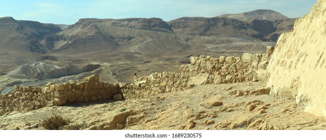 Ruins of ancient fortifications on top of  Masada Mount