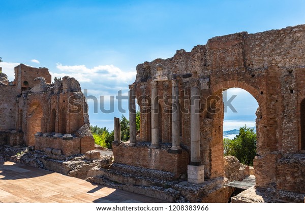 Ruins Ancient Greek Theater Taormina Sicily Stock Photo - 