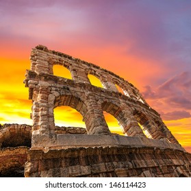The ruins of the ancient Roman arena in Verona at sunset. (XXL size)