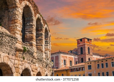 The ruins of the ancient Roman arena in Verona at sunset. Italy.