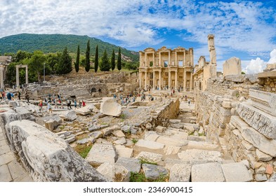 Ruins of the ancient roman building, the Library of Celsus located in the Ephesus in Turkey in Central Aegean region.