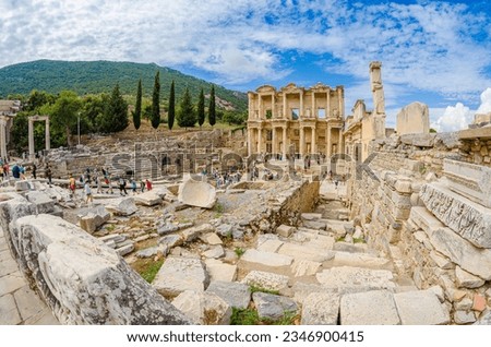 Ruins of the ancient roman building, the Library of Celsus located in the Ephesus in Turkey in Central Aegean region.