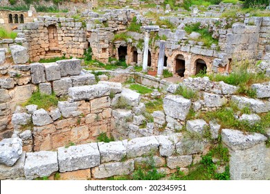 Ruins from ancient times on the archeology site of Corinth, Greece
