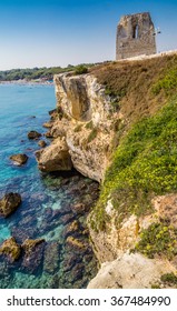 Ruins Of Ancient Watchtower On Rocky Cove On The Coast Of Salento In Puglia In Italy