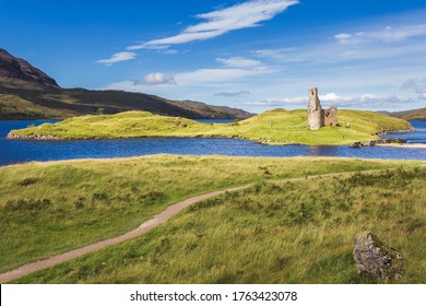 Ruins of Ardvreck Castle at Loch Assynt, West Highlands, Scotland, United Kingdom 