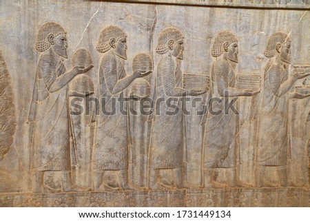 Ruins and bas reliefs carvings of ancient city Persepolis, Iran. Capital of the Achaemenid Empire. UNESCO World Heritage Site