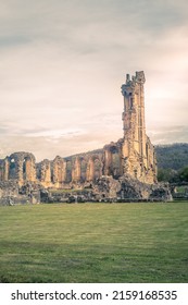 Ruins of Byland Abbey, North Yorkshire Moors, with Gothic tower.