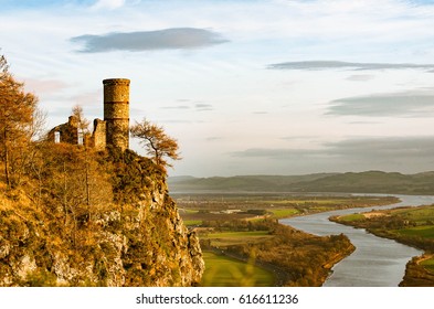 Ruins of a castle on a Kinnoull Hill in Perthshire, Scotland on the background of the valley  river Tay