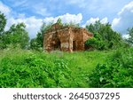 Ruins of Church of St. Peter and Paul in village of Vyshov, Mogilev region, Belarus. Summer rural landscape