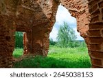 Ruins of Church of St. Peter and Paul in village of Vyshov, Mogilev region, Belarus. View from inside ruins