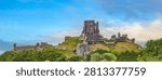 Ruins of Corfe Castle from the outer bailey, Corfe village, Isle of Purbeck, Dorset, England.