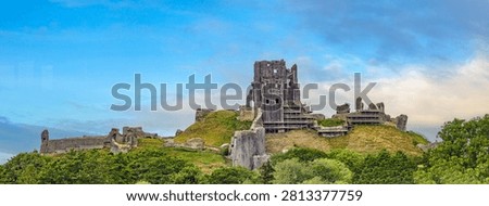 Ruins of Corfe Castle from the outer bailey, Corfe village, Isle of Purbeck, Dorset, England.
