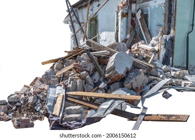 Ruins of demolished building with broken wall, debris of bricks and, broken house, isolated on white background