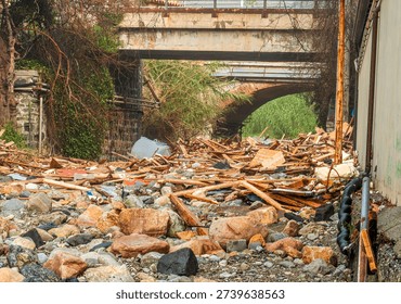 ruins and distructions cousea by a devastating typhoon on a sea coast. wreckage and wastes near sea shore. elimination of the damage and distructions caused by the hurricane to the coast