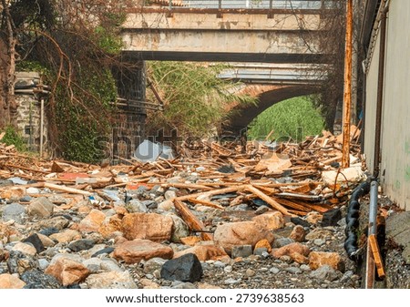 ruins and distructions cousea by a devastating typhoon on a sea coast. wreckage and wastes near sea shore. elimination of the damage and distructions caused by the hurricane to the coast