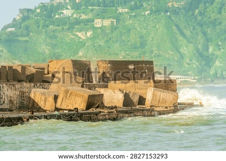 ruins and distructions cousea by a devastating typhoon on a sea coast. wreckage and wastes near sea shore. elimination of the damage and distructions caused by the hurricane to the coast