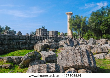 The ruins of the Doric temple of Hera, the largest religious building archaic time in Olympia. Before this temple with the help of modern mirrors lit the Olympic flame.