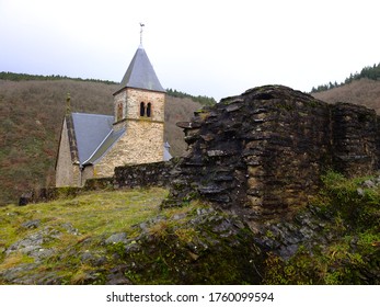 Ruins Of Esch Sur Sure Castle And A Church, Grand Duchy Of Luxembourg, Europe