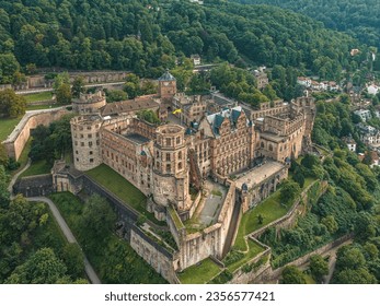 The ruins of Heidelberg Castle (Heidelberger Schloss), Heidelberg, Germany from drone view