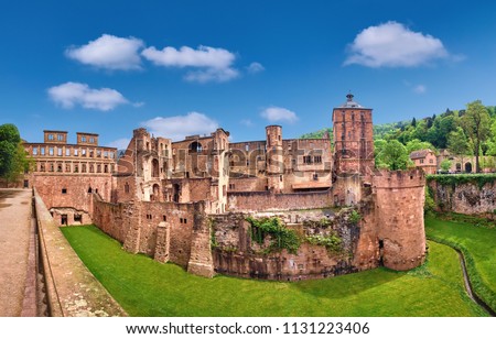 Ruins of Heidelberg Castle (Heidelberger Schloss) in Spring. This panoramic image was made in Heidelberg, Germany.