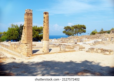 Ruins of Hellenistic doric temple of Pythian Apollo in ancient Kamiros archeological site Rhodes Greece