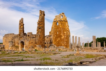 Ruins of Hellenistic gate of Pamphylian ancient city Perge located near modern Antalya, Turkey.