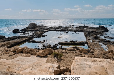 The ruins of Herod Palace in the Caesarea fortress built by Herod The Great near Caesarea city, on the shores of the Mediterranean Sea in northern Israel