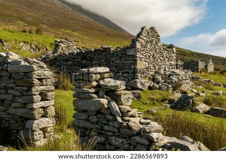 Ruins of the houses of Slievemore Deserted Village on Achill Island, near Keel, County Mayo, Ireland