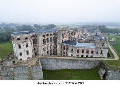 Ruins of Krzyztopor castle in Poland, aerial drone view in cloudy day.