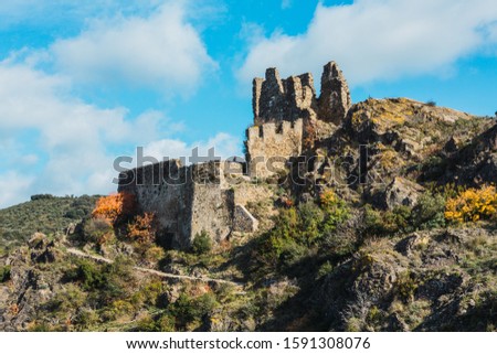 Ruins of medieval cathar castles Lastours in the mountain valley of Pyrenees, France