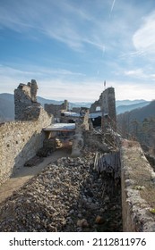 Ruins of medieval gothic castle Reviste. Revistske Podzamcie castle. Slovakia.