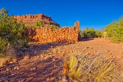 The Ruins Of A Mining Camp On Horseshoe Mesa At The Grand Canyon. The Ridge In The Background Is The Center Of Horseshoe Mesa. A Sign On The Right Marks 2 Separate Trails.