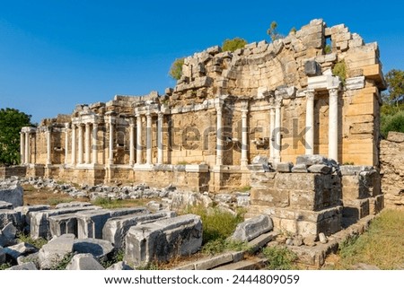 Ruins of Monumental Fountain (Nymphaeum) in ancient Side, Antalya, Turkey